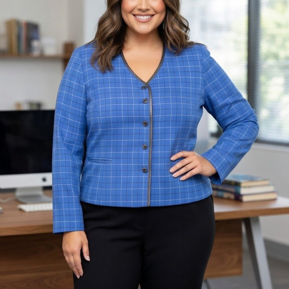 Pendleton Women's 100% Wool Blue Plaid Button Up Blazer w Leather Trim, Size 14